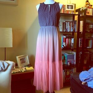 Purple and sherbet pleated polka dot maxi dress
